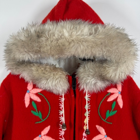 Vintage Rare Hudson’s Bay Red Wool with Floral Embroidered Hooded Coat - Picture 6 of 14